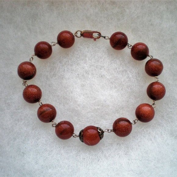 Vintage Sterling Silver 925 Goldstone 9.5MM Bead Beaded Tennis Bracelet